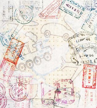 Travel background with different passport stamps