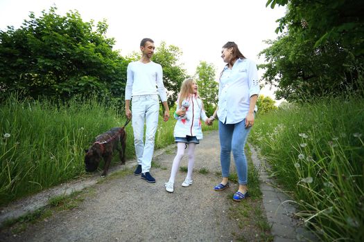 pretty daughter with her parents and pet dog in the Park in summer Sunny day.