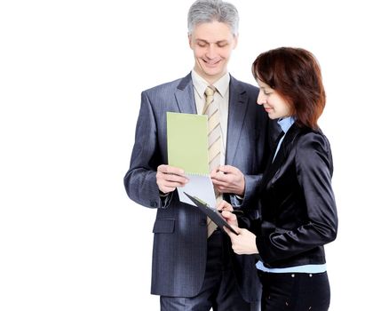 Business people, discussion of the Treaty. Isolated on a white background.
