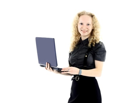 attractive woman with laptop smiling isolated on white