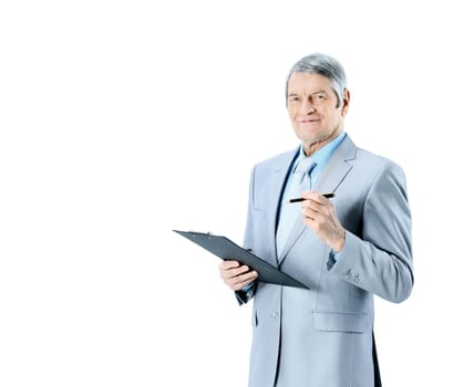 Nice businessman at the age, writes the work plan. Isolated on a white background.
