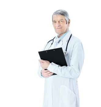 Adult experienced doctor with a folder and stethoscope. Isolated on white background.