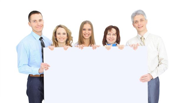 group of business people holding a banner ad isolated on white