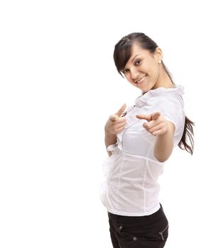 Beautiful business woman showing a finger at you, standing on a white background, choose you