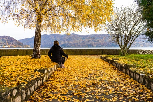 Autumn leaves fallen on standing alone woman on the autumn alley. Autumn landscape, orange foliage in a park in Orsova, Romania, 2020