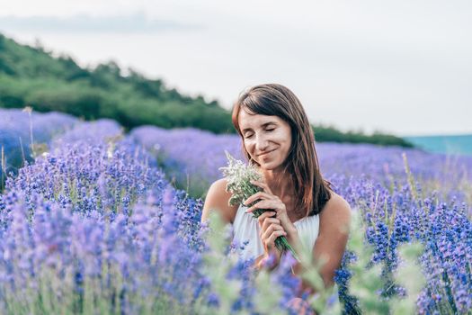 Lavender flower blooming scented fields in endless rows. Selective focus on Bushes of lavender purple aromatic flowers at lavender field. Abstract blur for background.