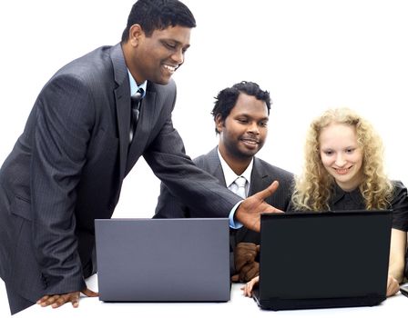 Interracial business team working at laptop in isolated background on white