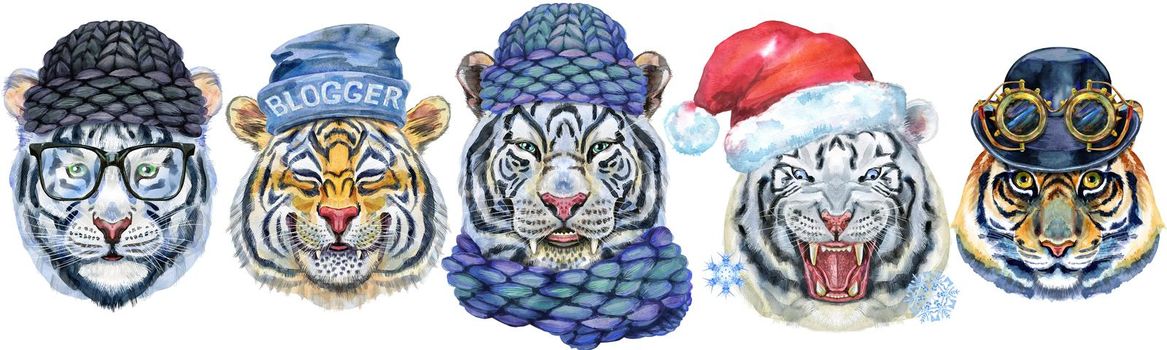 Watercolor illustration of orange smiling tiger in beanie hat, white tigers in winter hat and Santa hat and another one in bowler with googles