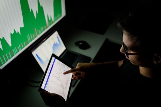 Crypto trader investor analyst looking at screen analyzing financial graph data on pc monitor, thinking of online stock exchange market investment .