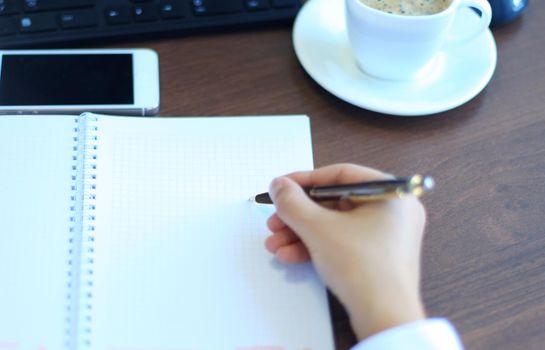 Close-up of Businesswoman makes a note at business document