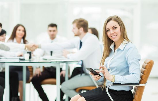 leading lawyer of the company on background, business meeting business partners. the photo has a empty space for your text.