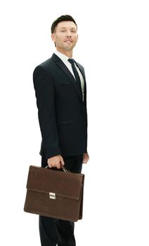 closeup of a financial Manager in a black business suit with a briefcase isolated on white background