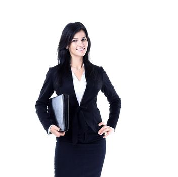 Portrait of happy young business woman isolated on white background