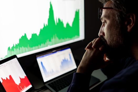 Crypto trader investor analyst looking at screen analyzing financial graph data on pc monitor, online stock exchange market ,over shoulder view.