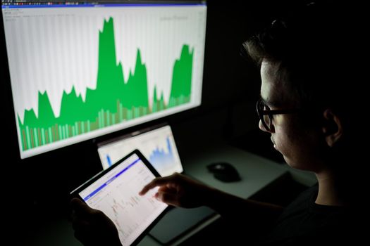Crypto trader investor analyst looking at screen analyzing financial graph data on pc monitor, thinking of online stock exchange market investment .