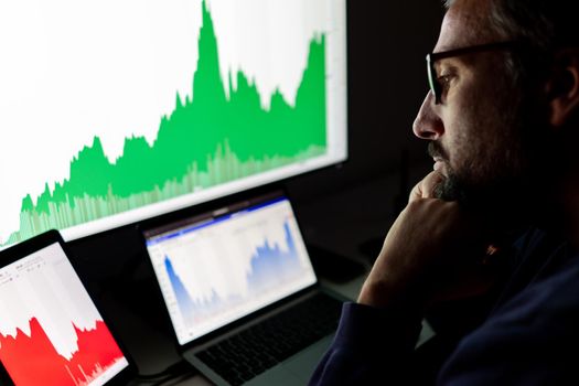 Crypto trader investor analyst looking at screen analyzing financial graph data on pc monitor, online stock exchange market ,over shoulder view.