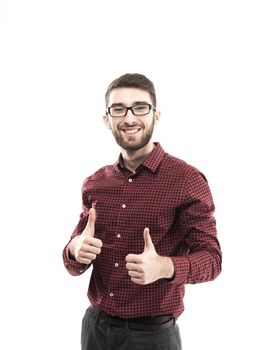 successful Manager makes two hand gesture thumb up at white background.the photo has a empty space for your text