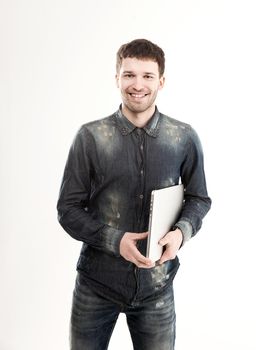 marketing Manager with notebook on a white background.the photo has a empty space for your text