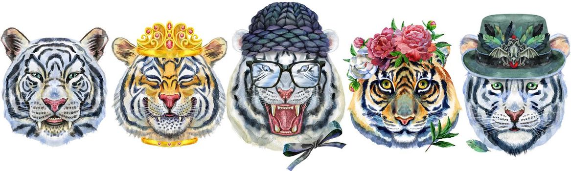 Watercolor illustration of tigers with golden crown, winter hat, peony wreath and green halloween hat