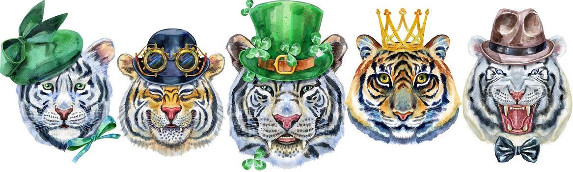 Watercolor illustration of tigers with with green hat, bowler hat with goggles, green leprechaun hat, gold crown and mens brown hat
