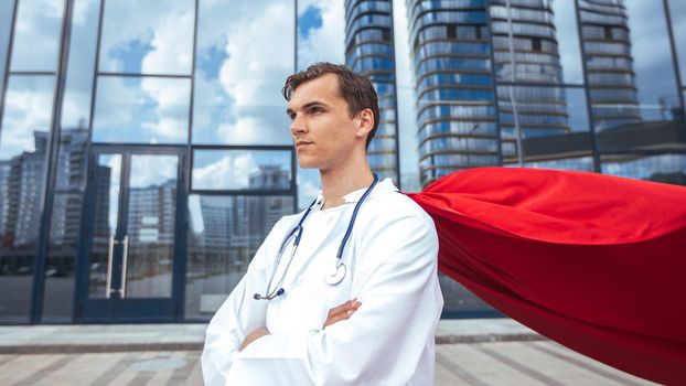 close up. paramedic superhero standing on a city street. photo with a copy of the space.