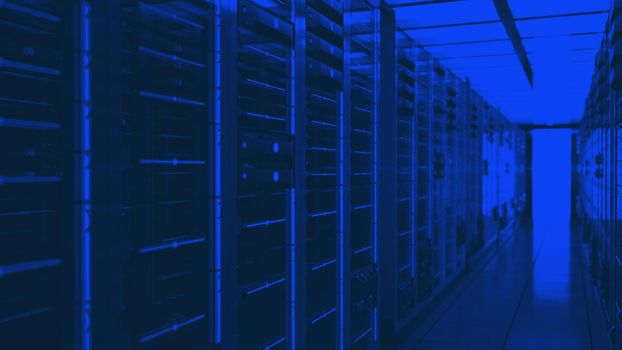 Server racks in computer network security server room data center. 3D render dark blue