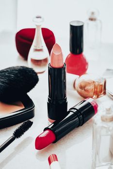 Beauty products and decorative cosmetics concept. Modern luxury make-up on vanity table as beauty blog background.