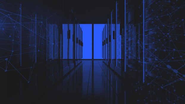 Server racks in computer network security server room data center. 3D render dark blue