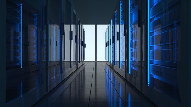 Server racks in computer network security server room data center. 3D render dark blue