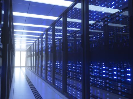 Server racks in computer network security server room data center. 3D render dark blue