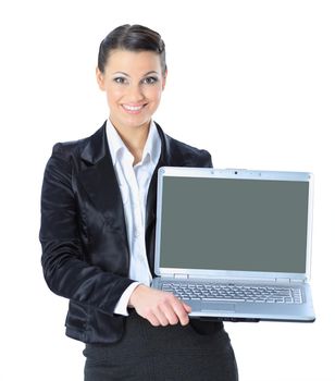 Àttractive woman with laptop in hands smiling, isolated in white background.