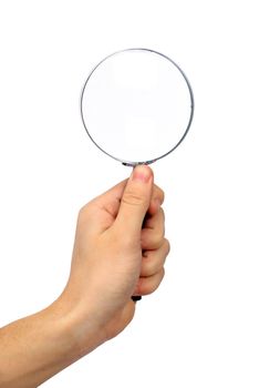 Magnifying glass in hand isolated on white background