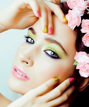 Beauty young woman with flowers and make up close up, real spring beauty girl floral pink manicure copyspace