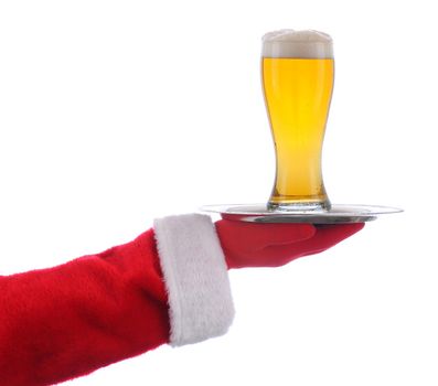 Santa Claus holding a serving tray with a glass of beer over a white background.