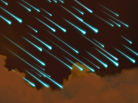 blue meteors rain on the night sky dark orange cloud