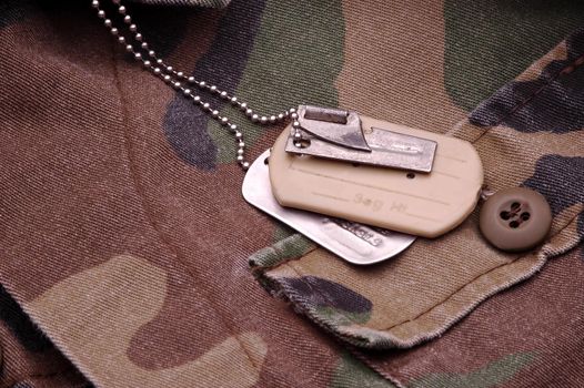 Military Dog Tags resting on camouflage material