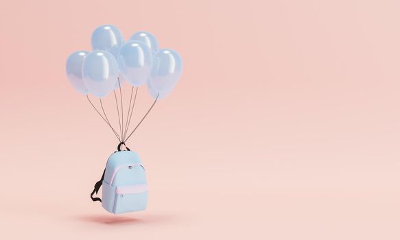 school backpack with balloons floating in the air in concept of back to school and education. 3d render