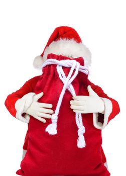 Santa Claus with his arms wrapped around a large sack of toys, isolated on white. Santa is mostly hidden.
