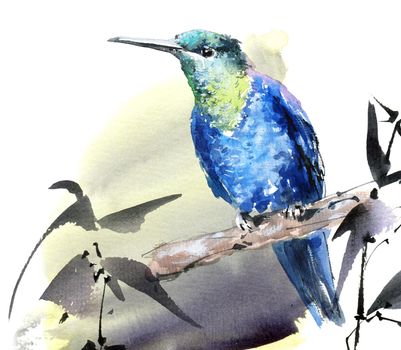 Watercolor illustration of exotic bird perched on a tree trunk.