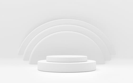 White product stand on white background. Abstract minimal geometry concept. Studio podium platform theme. Exhibition and business marketing presentation stage. 3D illustration rendering graphic design