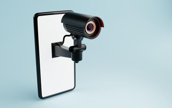CCTV Security camera isolated on white smartphone display in blue background. Safe and secure technology inside property and homeowner concept. Copy space. 3D illustration rendering