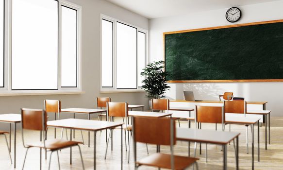 Empty white classroom background with green chalkboard table and seat on wooden floor. Education and Back to school concept. Architecture interior. Social distancing theme. 3D illustration rendering