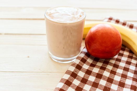 fresh fruit cocktail breakfast dessert organic wood background. High quality photo