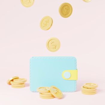 Gold coins fall into the wallet, Profit in the budget, Wallet money is passive income isolated on pink background, Iearnings profit success, sometric 3D rendering illustration