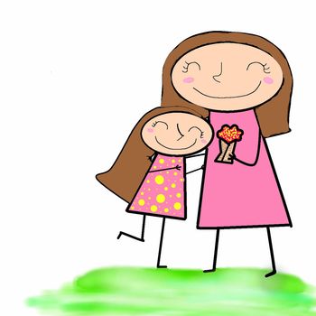 Cartoon style illustration of happy mother with daughter . Mother's day greeting card template on white background