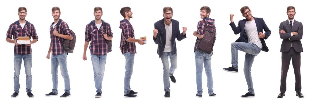 panoramic collage of self-motivated young man .isolated on white background