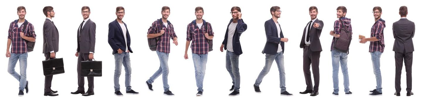 panoramic collage of a promising young man .isolated on white background