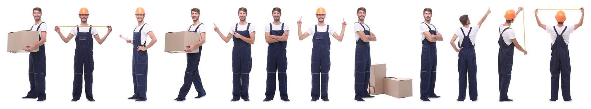 panoramic collage of male handyman isolated on white background.