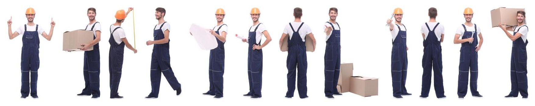 panoramic collage of male handyman isolated on white background.