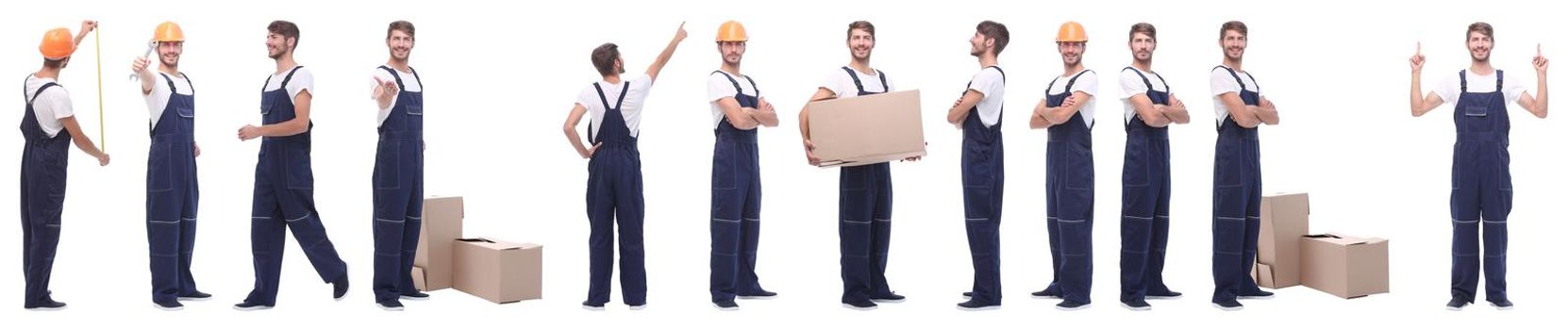 panoramic collage of male handyman isolated on white background.